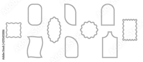 Minimalist blank simple outline price tags and decorative silhouette stickers, speech bubble frames, geometric outlines on a transparent background, PNG available