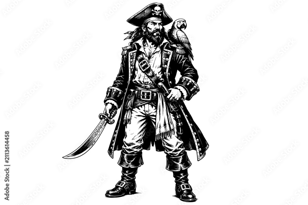 Fototapeta premium Vintage pirate captain with a parrot on his shoulder, curved sword, tricorn hat, and long coat in a detailed black and white illustration.