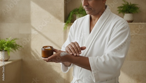Middle aged man applying soothing oil to his hands in a minimalist, sun drenched spa bathroom with marble accents and wooden textures