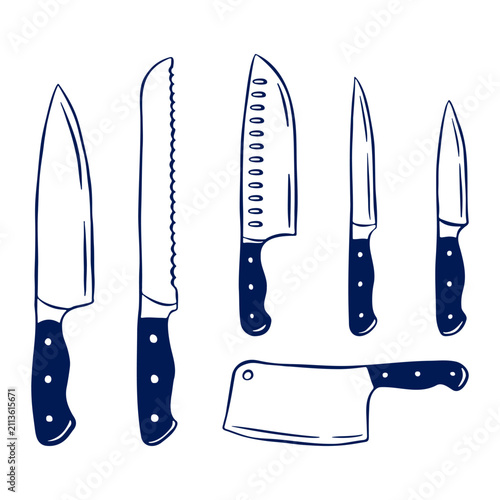 Kitchen knives and meat cleaver set hand drawn vector illustration