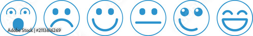 Foto Six blue facial expression icons showing a range of emotions from shock to joy K
