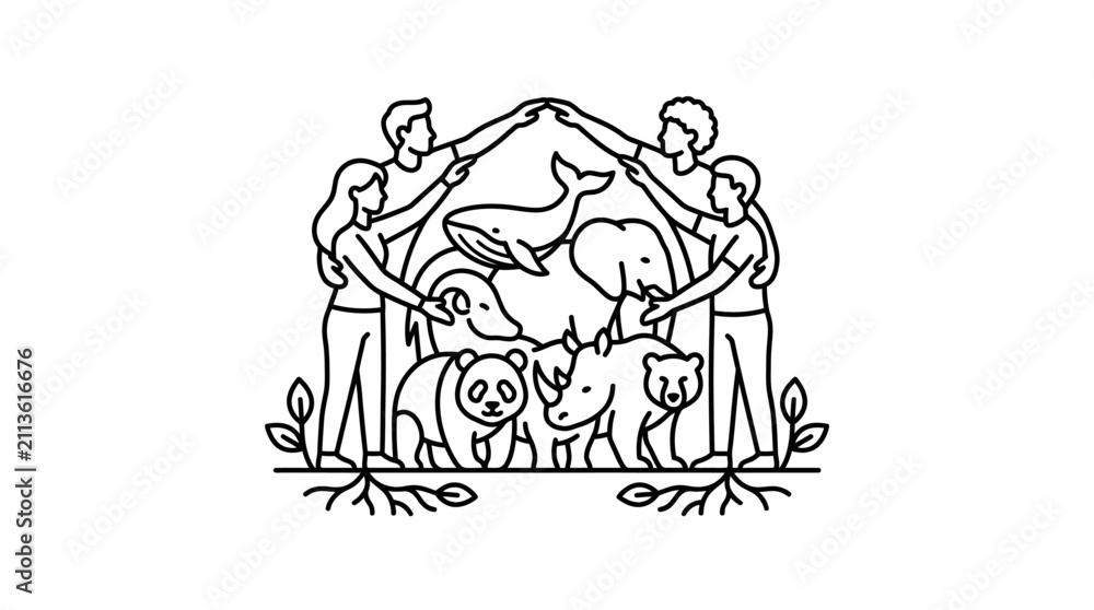 Obraz premium Elegant Black and White Line Drawing of Community Protecting Wildlife Under a Unified Hand Structure