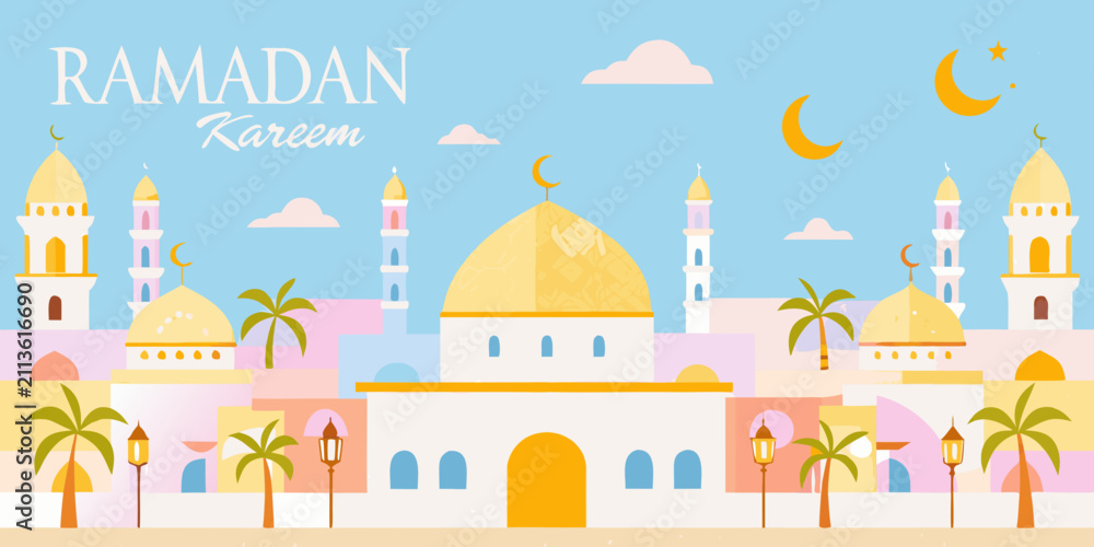Fototapeta premium Middle eastern village scene with mosques and palm trees vector illustration