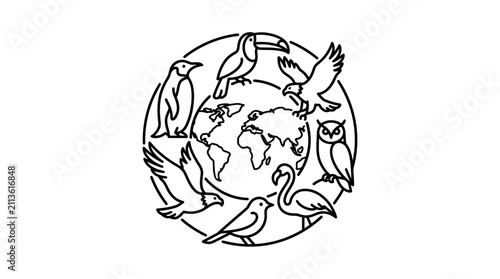 Corporate Symbol of Global Unity Featuring Black Line Art of Birds Surrounding a World Map with high quality professional line art symbols for modern creative design and digital branding projects