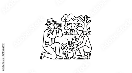 Industrial Style Black and White Line Drawing of Wildlife Conservationists Observing and Documenting Animals in Nature