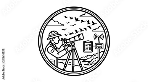 Corporate Black and White of Scientist Using Telescope with Birds Clipboard and Wireless Antenna