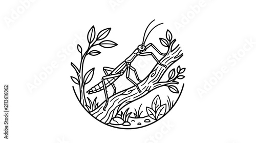 Minimalist Black and White Line Drawing of Grasshoppers on Plant Stem with Leaves and Grass in Circular Frame