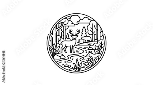 Modern Minimalist Black and White Forest Wildlife Circular Seal with Deer Birds Trees and Stream