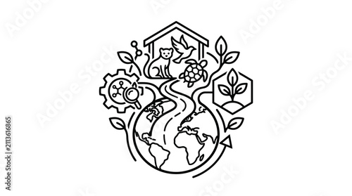 Professional Black and White Line Art of Eco Friendly Home Planet and Technology Integration with high quality professional line art symbols for modern creative design and digital branding projects