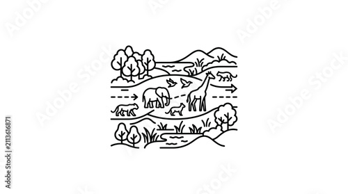 Minimalist Black and White Line Drawing of African Wildlife Migration Across Savanna Landscape with Trees and Birds