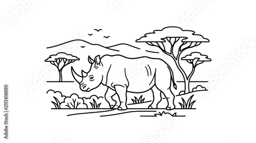 Clean Black and White Line Drawing of Rhino Grazing in African Savanna with Trees and Hills with high quality professional line art symbols for modern creative design and digital branding projects