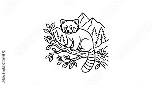 Corporate Minimalist Line Drawing of a Raccoon Sitting on a Branch with Forest in Black and White