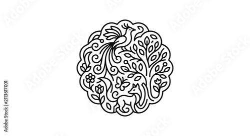 Elegant Black and White Line Art of a Brain with Tree Birds and Floral Patterns Inside with high quality professional line art symbols for modern creative design and digital branding projects