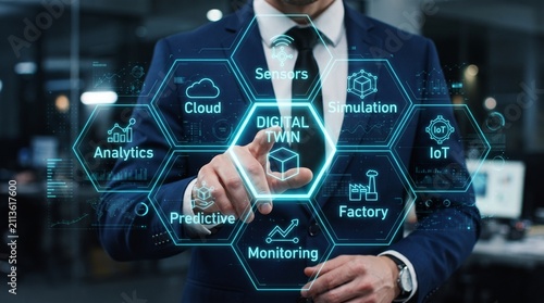 Business professional using augmented reality digital twin interface for industrial systems
