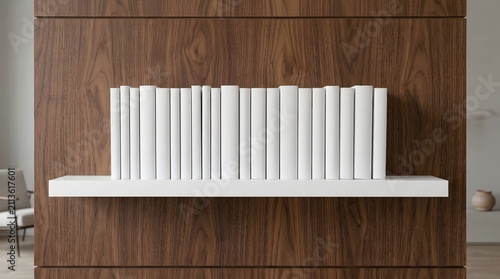 A high quality book spine mockup featuring a row of blank white hardcover books displayed on a modern floating wooden shelf unit