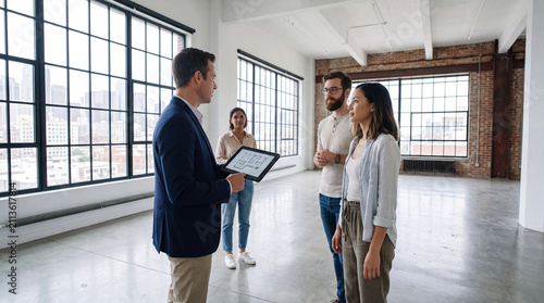 Real estate agent presenting digital blueprint on tablet to young diverse team in empty open space office. Commercial broker showing loft workspace for rent or purchase to clients.