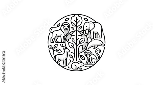 Corporate Circular Logo Featuring Black and White Wildlife and Tree for Eco Friendly Branding with high quality professional line art symbols for modern creative design and digital branding projects