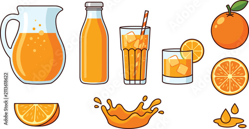 Fresh Orange Juice Collection with Citrus Fruits, Juice Bottle, Glasses, Slices, Splash, and Healthy Beverage Elements for Refreshing Vector Design