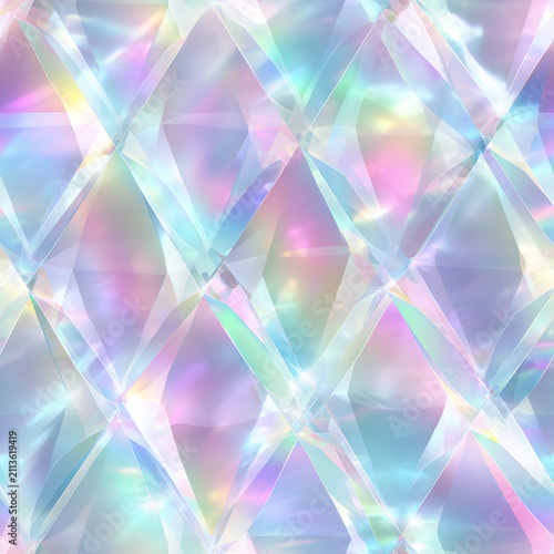 Seamless Iridescent Holographic Diamond Pattern with Pastel Rainbow Crystal Facets and Soft Prismatic Geometric TextureSeamless Iridescent Holographic Diamond Pattern with Pastel Rainbow Crystal Facet