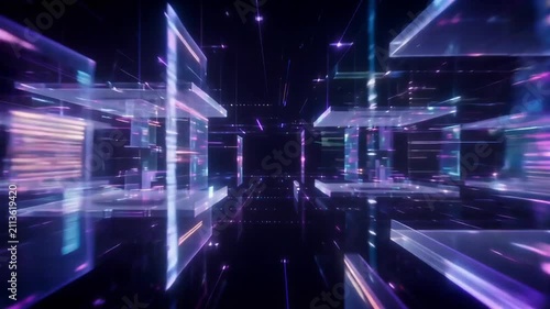 Digital cyberspace data architecture featuring glowing glass panels moving through abstract neon motion video background footage
