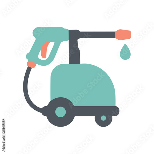 High-pressure washer icon, cleaning equipment, water spray, vector illustration