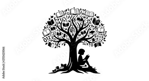 Silhouette child reading under knowledge tree with books and letters