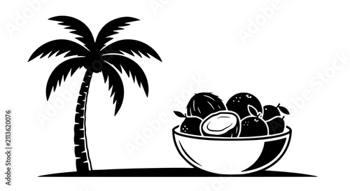 Isolated palm tree with tropical fruits in a bowl
