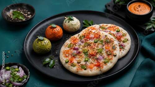 Uttapam topped with colorful vegetables  presented on a matte black plate with chutney spheres  deep turquoise backdrop