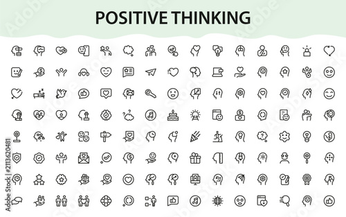 Positive Thinking icon set for lifestyle branding. Professional and modern icons illustration focusing on healthy mind, bright ideas, and psychological care.