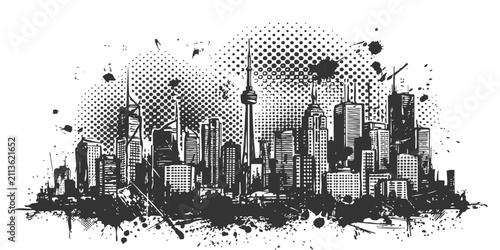 Принти на полотні Black and white ink sketch of Toronto city skyline with skyscrapers and dot half