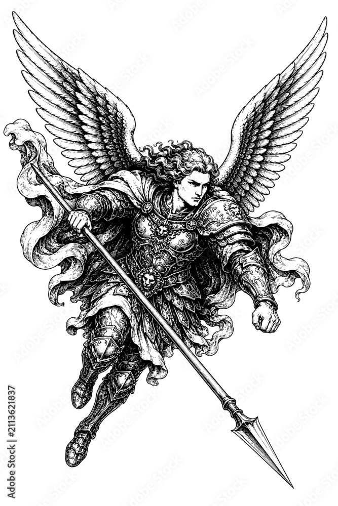 Obraz premium Flying warrior angel with feathered wings, ornate armor, flowing cloak, and a long spear in a detailed vintage black and white engraving.