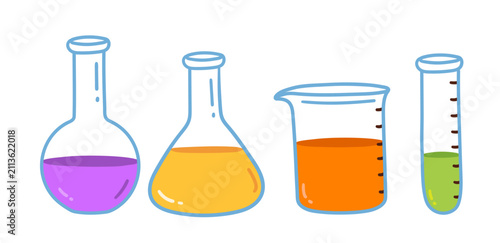 Colorful laboratory glassware with liquids. Vector illustration isolated for science and chemistry design.