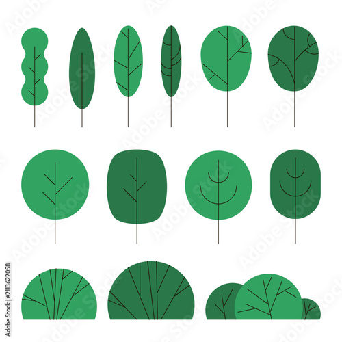 Minimal flat vector set of stylized trees and bushes with simple geometric shapes. Modern botanical collection for landscape, park, garden, eco, branding and nature design projects.