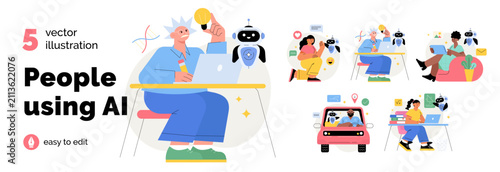 Flat vector illustration set of people using AI assistants for learning, work, communication and daily tasks. Modern collection featuring robots, education, productivity and smart technology.