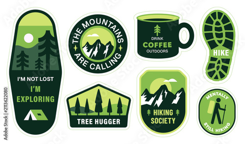 Outdoor hiking sticker set with mountain landscapes, camping, forest, coffee mug and trail symbols. Adventure-themed vector badges for nature lovers, explorers and backpacking enthusiasts.