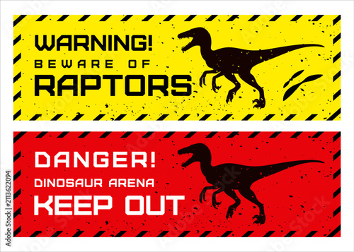 Vector set of warning and danger signs with velociraptor silhouettes. Prehistoric caution banners for parks, attractions, games, prints and themed safety designs.