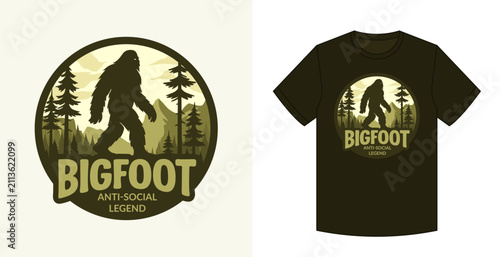Vintage Bigfoot T-shirt design featuring a Sasquatch silhouette walking through a forest landscape. Humorous outdoor vector artwork for hiking, camping and cryptid enthusiasts.