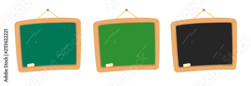 Three blank blackboards with wooden frames and chalk. Vector illustration isolated for school design.