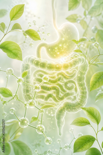 Glowing digestive system with vitamin molecule and leaves, gut health and nutrition concept.
