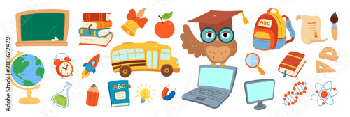 Colorful school icon set with owl, bus, books, globe, laptop, and science symbols. Vector illustration isolated.