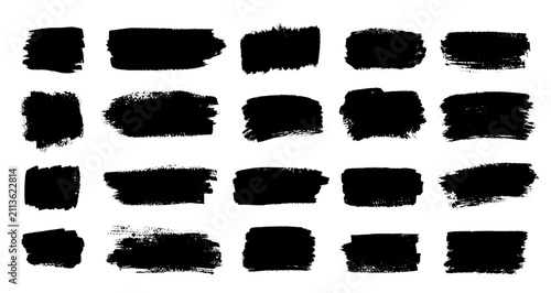 Black grunge brush stroke collection. Vector illustration of isolated paint daub banners with rough textured edges.