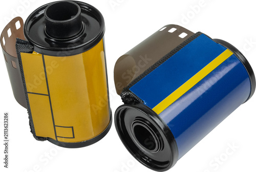 Two 35mm analog photographic film canisters isolated on transparent background