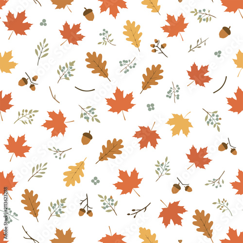 Vibrant autumn leaf pattern showcasing maple leaves, oak leaves, and acorns scattered across a clean white surface.