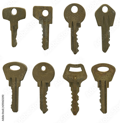 Collection of tarnished vintage brass keys with rustic textures isolated on transparent background