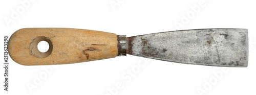 Foto Vintage Old Metal Scraper and Putty Knife with Worn Wooden Handle Isolated on Tr