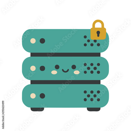 Cute Server Stack with Padlock Icon, Data Security Concept