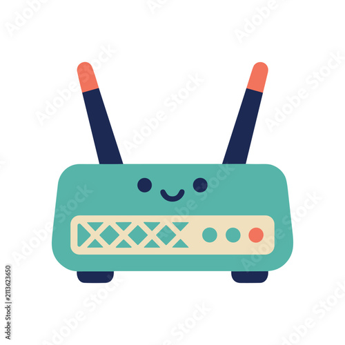 Cute Teal Wifi Router Character with Antennas and Smiling Face