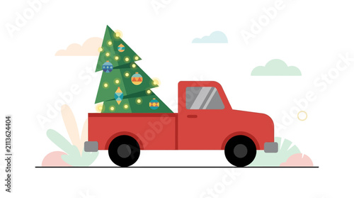 Red utility truck transports a glowing christmas tree across a soft pastel winter environment.