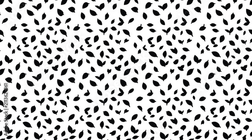 Abstract pattern of scattered black leaves on a transparent grid background.