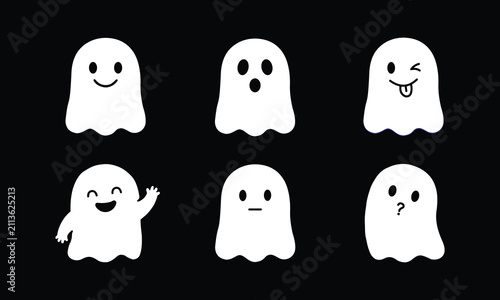 Cute Cartoon Ghosts Set with Various Expressions on Black Background for Halloween